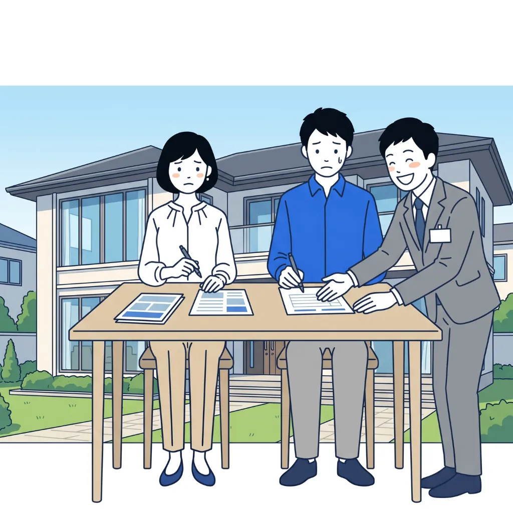 営業担当にすすめられるまま、アンケート用紙に個人情報を記入する夫婦のイラスト
