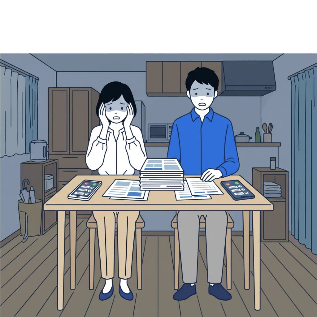 分厚い見積書と鳴り続けるスマホを前に青ざめる夫婦のイラスト