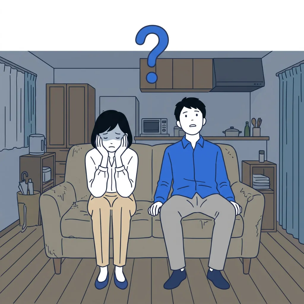 ソファに沈み込み、途方に暮れる夫婦のイラスト