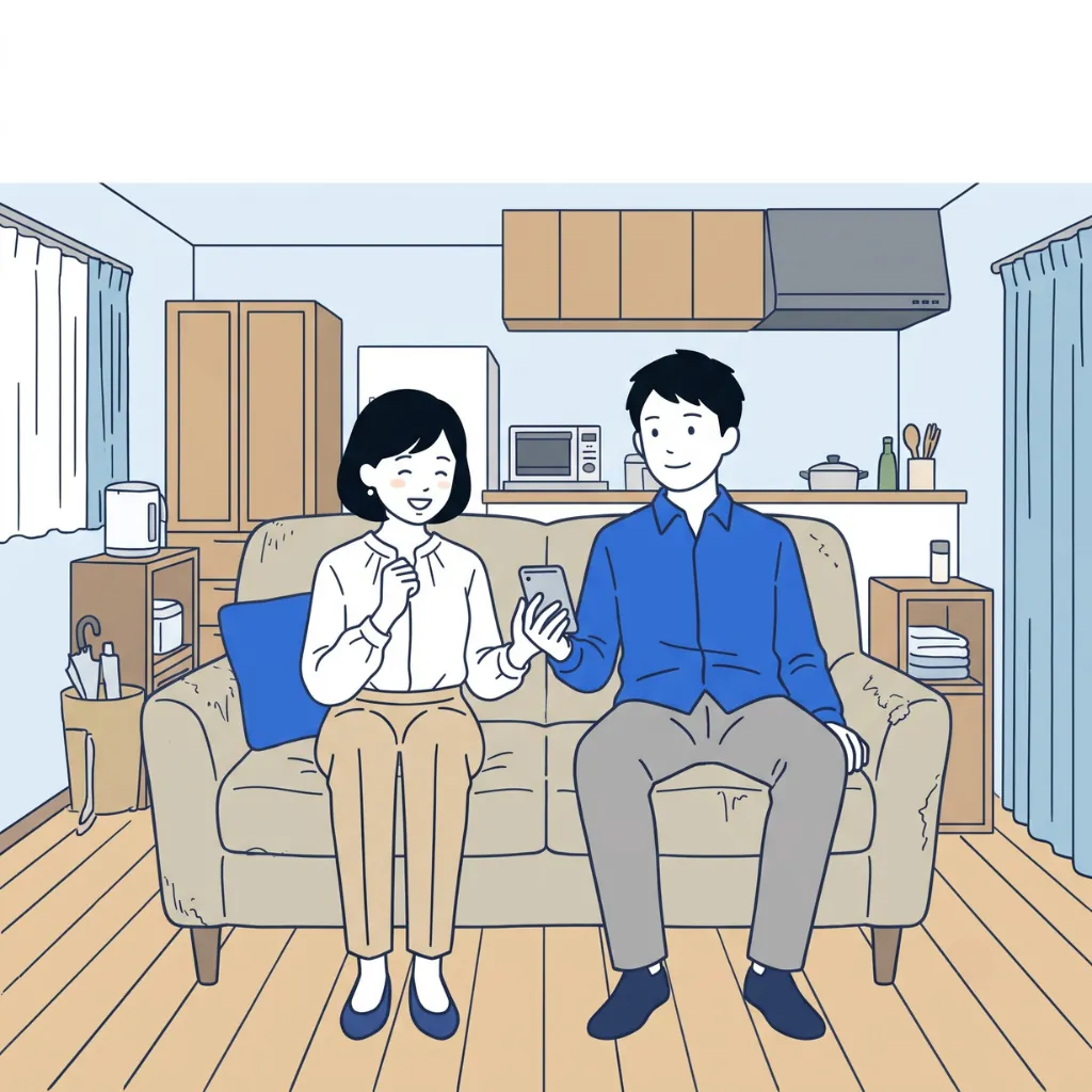 自宅のソファでスマホを見ながら総予算を計算する夫婦のイラスト
