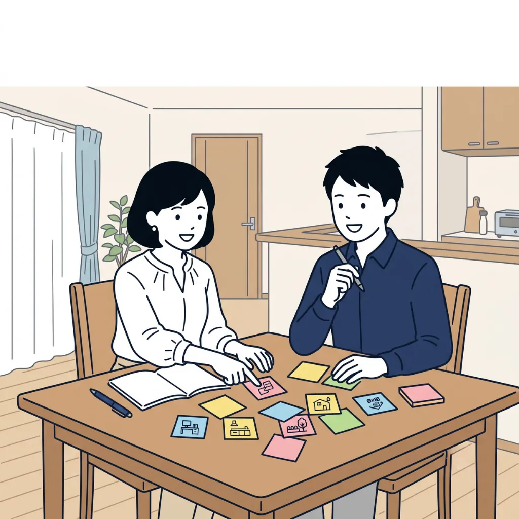 テーブルに付箋を並べて、楽しそうに要望を整理する夫婦のイラスト