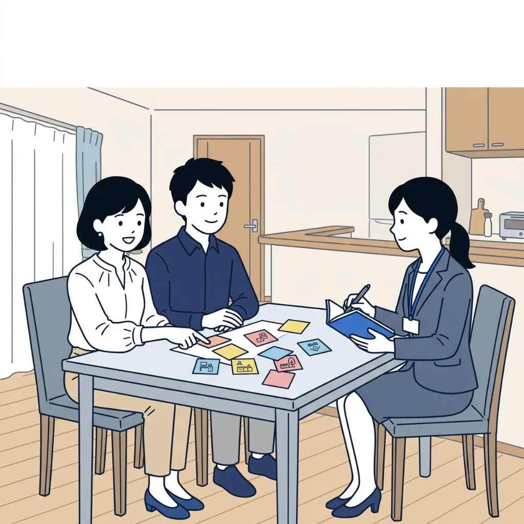 要望まとめシートを見せながら、住宅会社の担当者と対等に相談する夫婦のイラスト