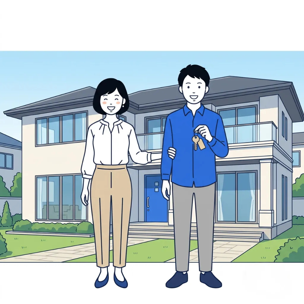 青空の下、完成した新居の前で笑顔で立つ夫婦のイラスト